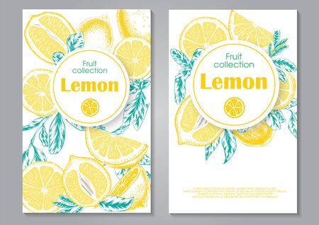wedding invitation card with hand drawn lemons yellow and lemon with green leaves on white backgroundのイラスト素材
