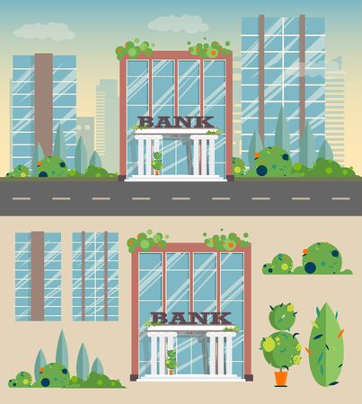 Bank building, shrubs and trees in a flat styleのイラスト素材