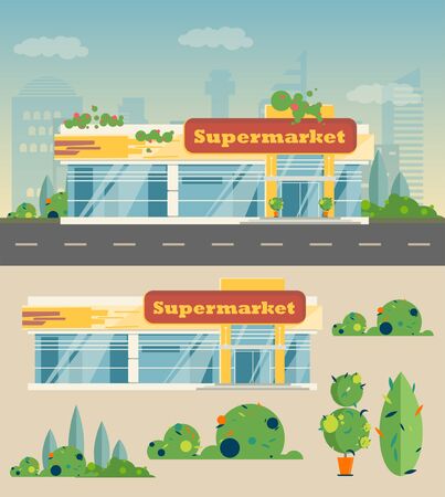 Supermarket building, shrubs and trees in flat styleのイラスト素材