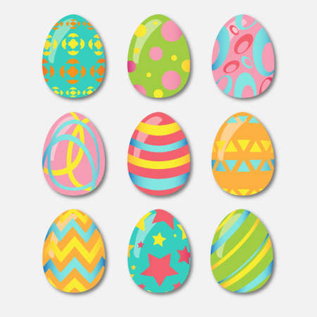 set of easter eggs from nine pieces of multicoloredのイラスト素材
