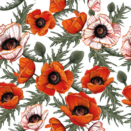 pattern of red poppies with a black center hand-drawnの写真素材