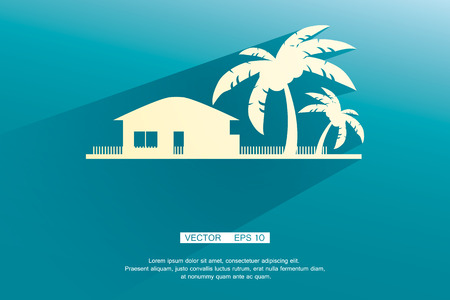Styled bungalows and palm trees white with flat shadows on a blue background. vector background eps 10のイラスト素材