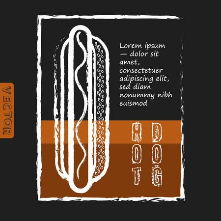 Hot dog. Fast food delicious. Menu design. Hand drawn illustrations. Vintage Clip Art. Hot dog poster on chalkboard. Vector image of engraving on black background. Eps 8のイラスト素材