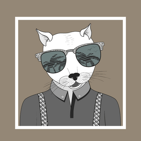 Hand Drawn Fashion Illustration of dressed up cat, City Look, in colors. Vector eps 10のイラスト素材