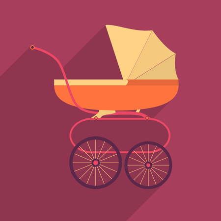 Retro baby stroller flat square icon with long shadows. Vectorのイラスト素材
