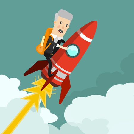Startup Business. Businessman on a rocket. Flat design business concept illustration.のイラスト素材