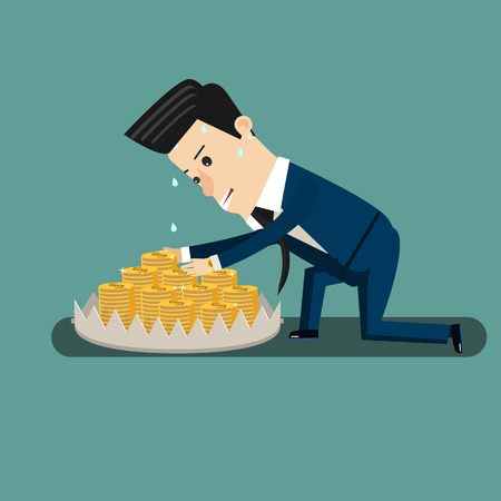 Finance risk concept. young business man look at money on trap. Flat design business concept illustration.のイラスト素材