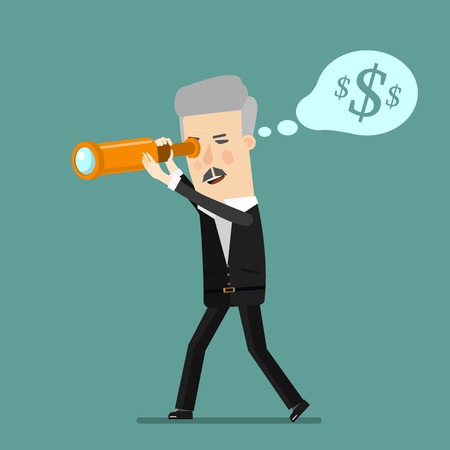 businessman using binoculars , Cartoon businessman looking for success, opportunities, future business trends through a telescope, flat illustration,dollar money, man, business concept. design.のイラスト素材