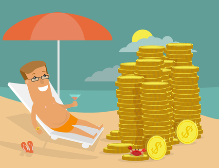 Successful businessman resting on the beach in front of his money. Success business concept cartoon illustration. Vectorのイラスト素材
