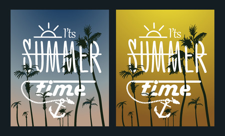 Paradise Island-Palm Tree Sunset. Vector summer poster setのイラスト素材