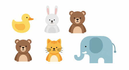 Adorable set of cute animal characters including duck, bunny, bears, cat, and elephant, soft colors...