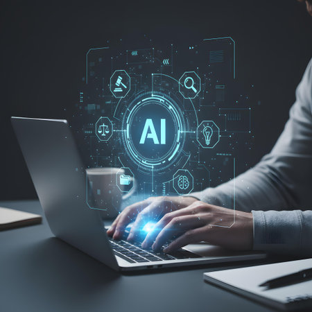 Businesswoman working on laptop with AI hologram and icons. Artificial intelligence concept. 3D Renderingの素材