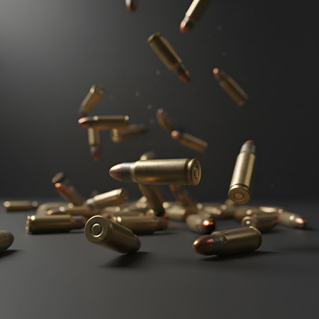 Bullets falling on black background, 3d render. Military conceptの素材