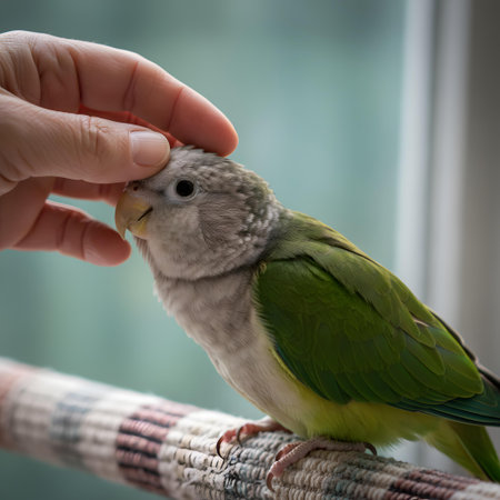 Female hand caressing a green parrot on a blurred background.の素材