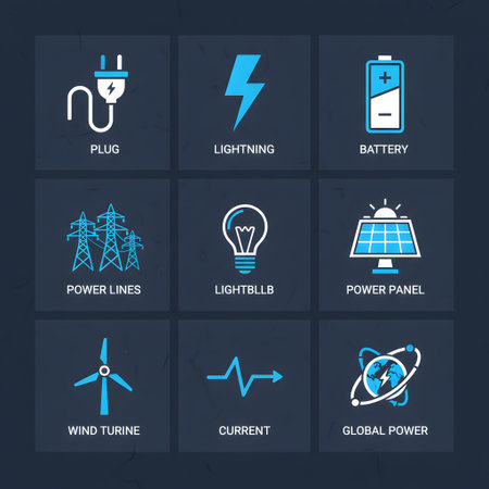 Vector energy icons set. Electricity, solar panels, wind turbine, solar battery, lightning, battery, power plug, electricity pylons.の素材