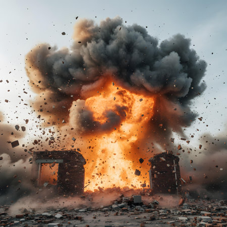 Burning factory building with big explosion in the sky. 3d illustrationの素材