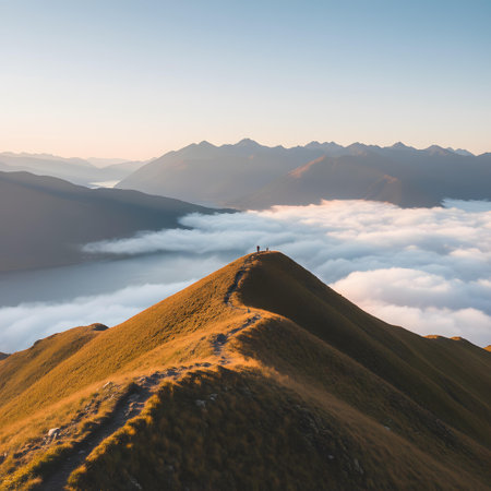 Mountains in the clouds at sunrise. Landscape of the Caucasus mountains.の素材