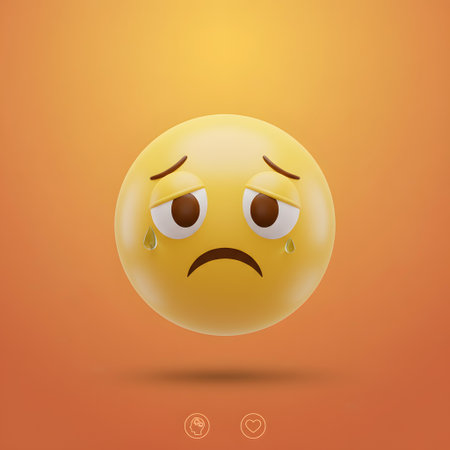 Yellow emoticon face with sad expression on orange background, vector illustrationの素材