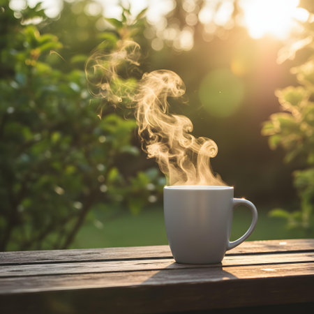 Coffee cup on wooden table in the garden at sunrise.の素材