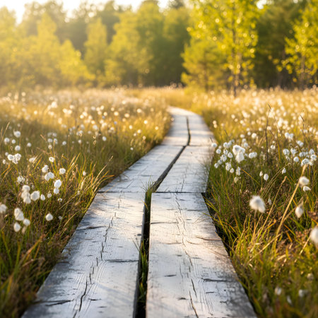 Wooden walkway in the meadow at sunset with white flowersの素材