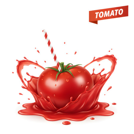 Tomato in juice splash. Realistic vector illustration isolated on white backgroundの素材