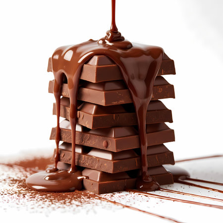 close up of chocolate pieces stack and chocolate syrup on white background with clipping pathの素材