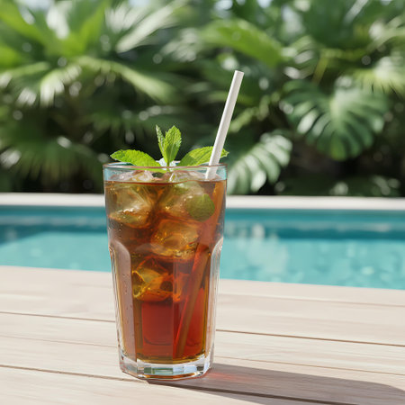 Iced tea with ice cubes and mint leaves on wooden table near swimming poolの素材