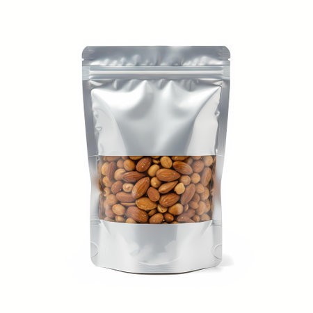 Almond Nuts in Plastic Bag Isolated on White Background.の素材