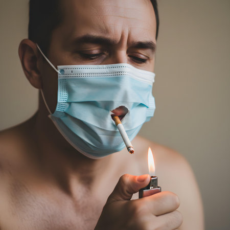 Man in medical mask with a lighter in his mouth. Close-up.の素材