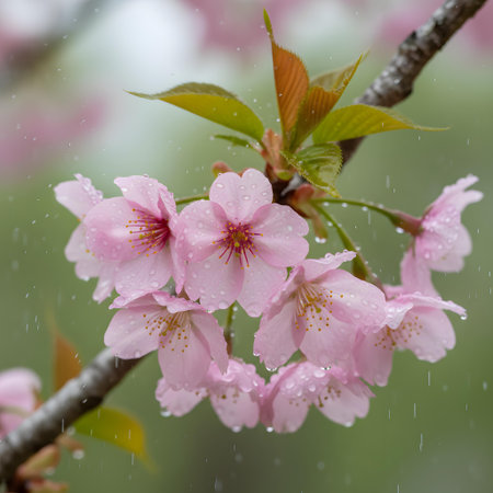 cherry blossom in rain with soft focus and shallow DOFの素材