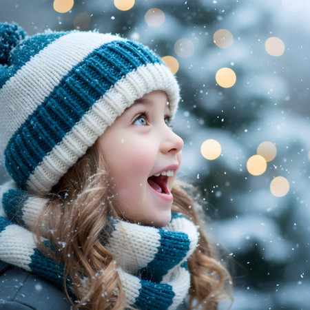 Cute little girl in a knitted hat and scarf on the background of the Christmas tree.の素材