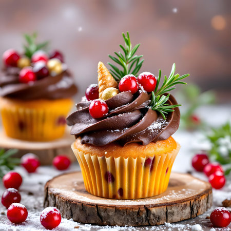 Cupcake with chocolate icing and cranberries on a wooden backgroundの素材