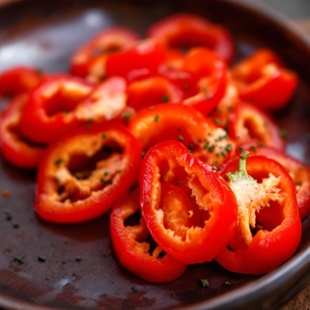 Sliced red pepper on a plate. Selective focus.の素材