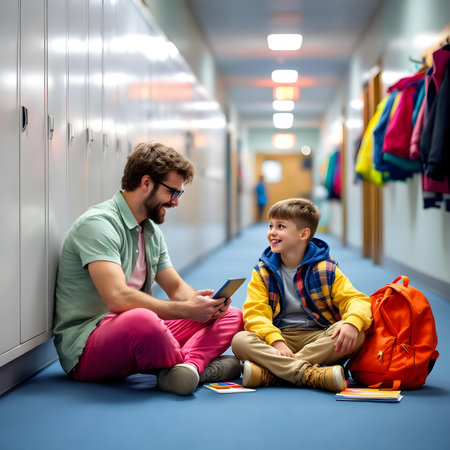 Father and son in school corridor. Education and back to school concept.の素材