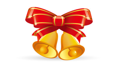 Golden Christmas bell with red ribbon jingle bells icon vector illustration isolated on white backgroundのイラスト素材