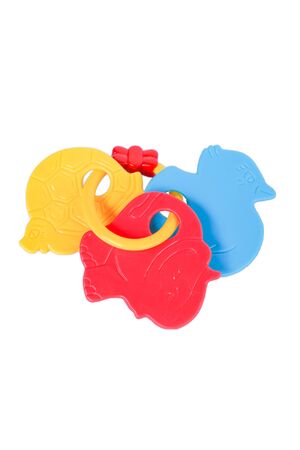Plastic Kid toys figure of a blue duck, red elephant, yellow turtle isolated on white backgroundの写真素材