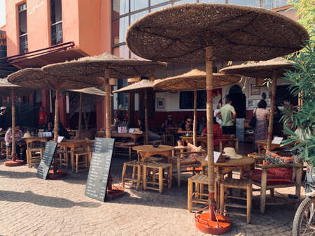 Old Medina, Marrakech- September 13, 2019: Cafe with nature design using rattan in street to attract touristのeditorial素材