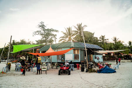 September 23, 2020, Pulau Redang, Terengganu, Malaysia: Beautiful outdoor view with wooden cafe and white sand at Long Beach Redang Island.のeditorial素材