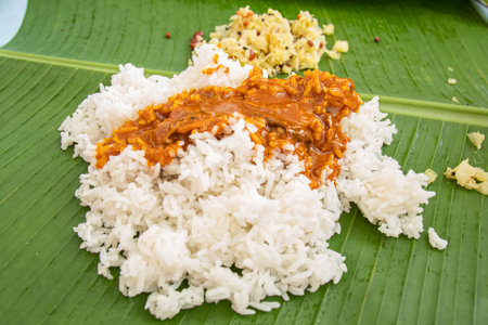 Traditional South Indian Meal Served on Banana Leaf. White rice with curryの写真素材