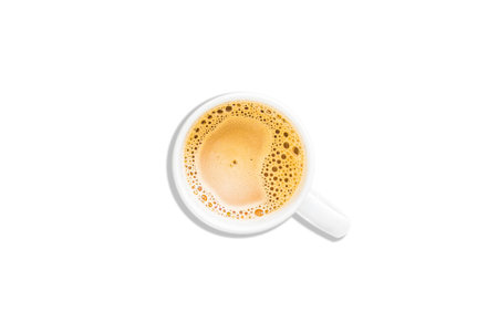 Top angle of a cup of milk tea "Teh tarik" on white backgroundの写真素材