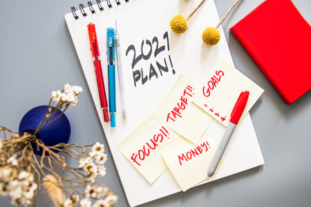 2021 plan notepad list concept, handwriting notepad. Inscription 2021 Plan in white paper and focus...