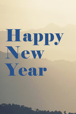 Blue word Happy New Year lettering on the background mountain layer. Greeting card design template