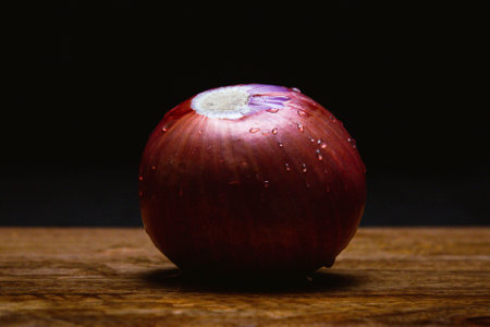 Single onion on wooden cutting board and black backgroundの写真素材