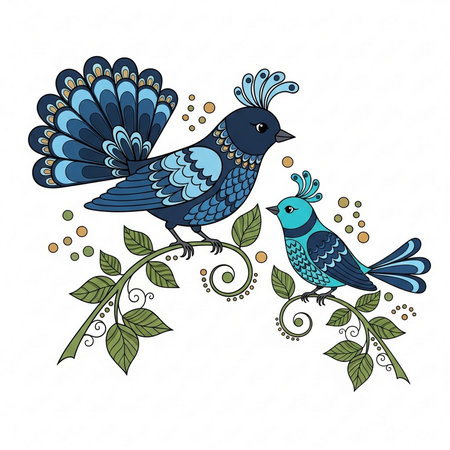 Two birds with flowers. Vector illustration. Coloring book for adults.の素材