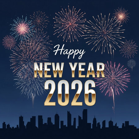 Happy New Year 2020 greeting card with fireworks and city silhouette. Vector illustration.の素材