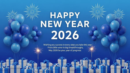 Happy New Year 2020. Greeting card with blue balloons and gift boxes. Vector illustration.の素材