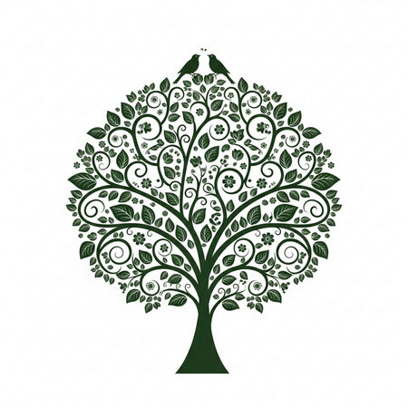vector tree with green leaves and birds isolated on white background, hand drawn illustrationの素材