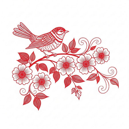Vintage floral background with bird and flowers. Hand drawn vector illustration.の素材