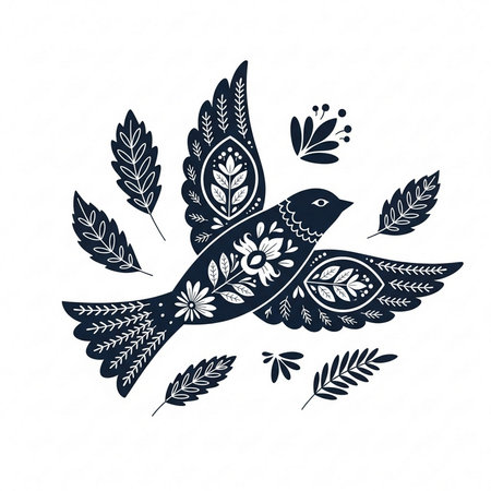 Vector illustration of hand drawn bird in the style of the Ukrainian folk art.の素材