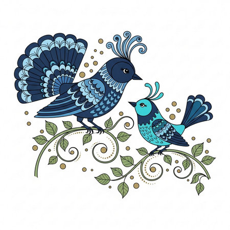 Cute hand drawn vector illustration with birds and floral elements in doodle style.の素材